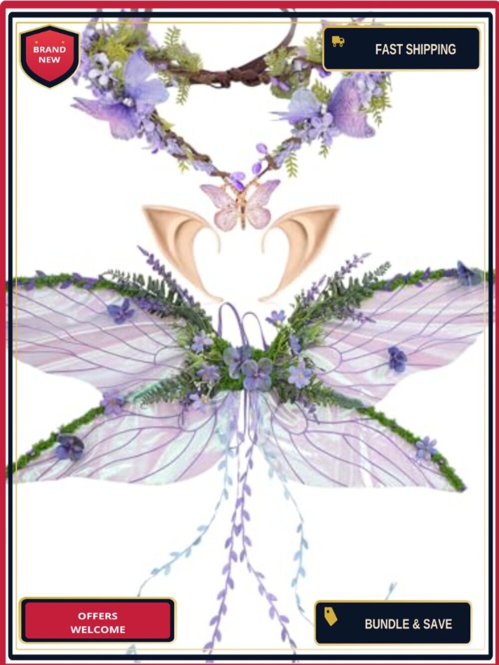 Fairy Wings Costume Set Elf Ears Butterfly Wings Flower Crown Adult Halloween